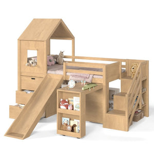 English Elm Twin House Frame Loft Bed Pine Wood with Stair Drawers Pull Out Desk Play Window Natural W1580S00679