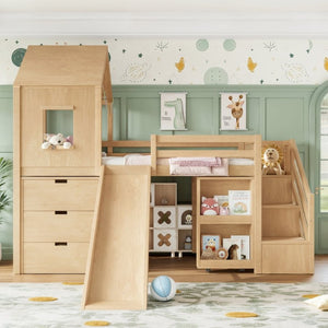 English Elm Twin House Frame Loft Bed Pine Wood with Stair Drawers Pull Out Desk Play Window Natural W1580S00679