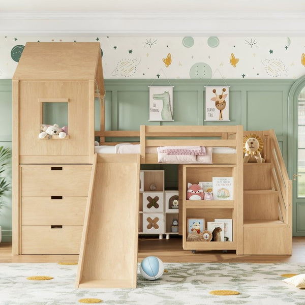 English Elm Twin House Frame Loft Bed Pine Wood with Stair Drawers Pull Out Desk Play Window Natural W1580S00679