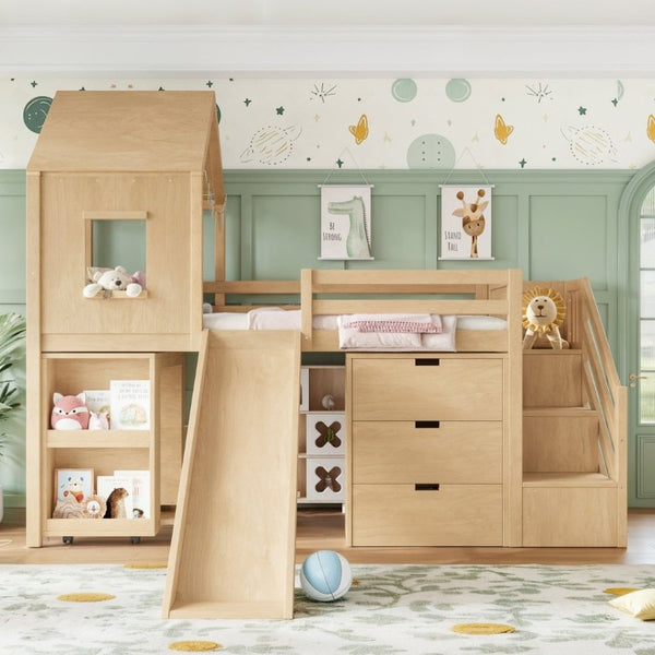 English Elm Twin House Frame Loft Bed Pine Wood with Stair Drawers Pull Out Desk Play Window Natural W1580S00679