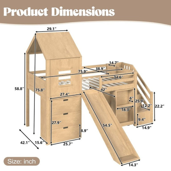 English Elm Twin House Frame Loft Bed Pine Wood with Stair Drawers Pull Out Desk Play Window Natural W1580S00679