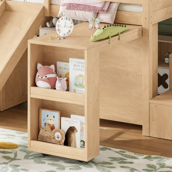 English Elm Twin House Frame Loft Bed Pine Wood with Stair Drawers Pull Out Desk Play Window Natural W1580S00679