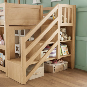 English Elm Twin House Frame Loft Bed Pine Wood with Stair Drawers Pull Out Desk Play Window Natural W1580S00679
