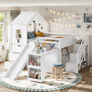 English Elm Full Playhouse Loft Bed Pine Frame with Pull Out Desk Stair Shelves and Drawers White W1580S00680