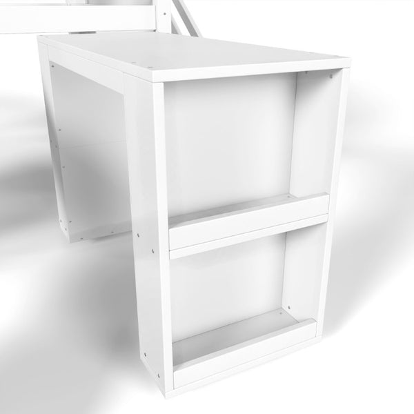 English Elm Full Playhouse Loft Bed Pine Frame with Pull Out Desk Stair Shelves and Drawers White W1580S00680