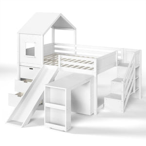 English Elm Full Playhouse Loft Bed Pine Frame with Pull Out Desk Stair Shelves and Drawers White W1580S00680