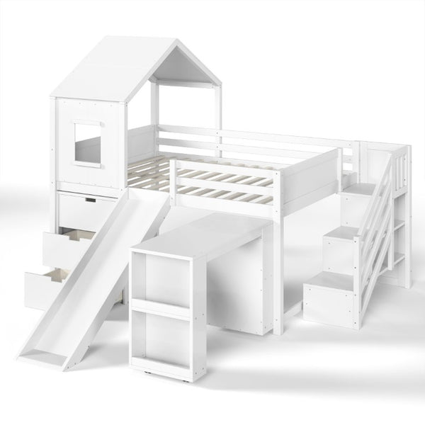 English Elm Full Playhouse Loft Bed Pine Frame with Pull Out Desk Stair Shelves and Drawers White W1580S00680