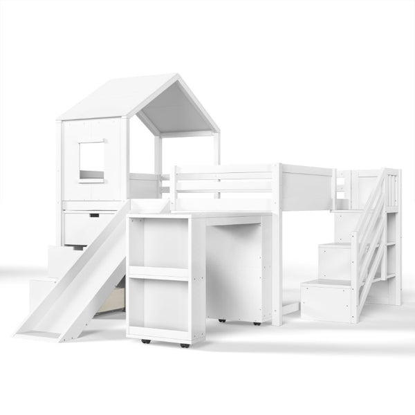 English Elm Full Playhouse Loft Bed Pine Frame with Pull Out Desk Stair Shelves and Drawers White W1580S00680