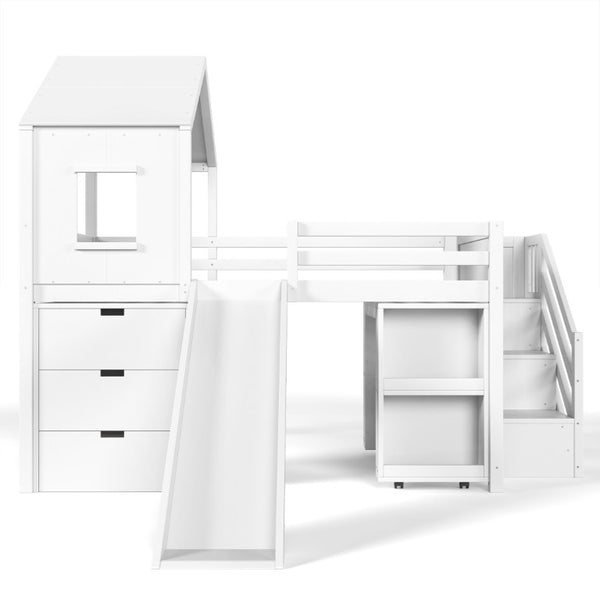 English Elm Full Playhouse Loft Bed Pine Frame with Pull Out Desk Stair Shelves and Drawers White W1580S00680