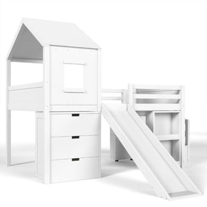 English Elm Full Playhouse Loft Bed Pine Frame with Pull Out Desk Stair Shelves and Drawers White W1580S00680