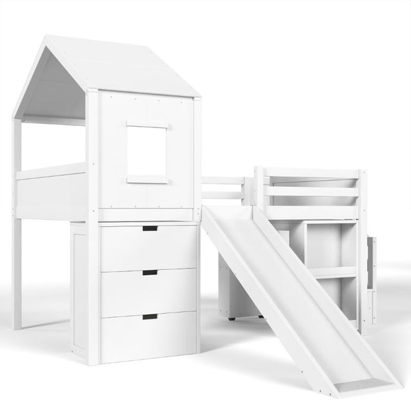 English Elm Full Playhouse Loft Bed Pine Frame with Pull Out Desk Stair Shelves and Drawers White W1580S00680