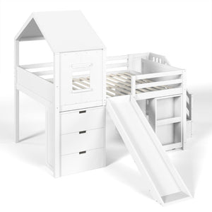 English Elm Full Playhouse Loft Bed Pine Frame with Pull Out Desk Stair Shelves and Drawers White W1580S00680