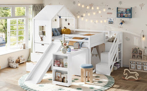 English Elm Full Playhouse Loft Bed Pine Frame with Pull Out Desk Stair Shelves and Drawers White W1580S00680