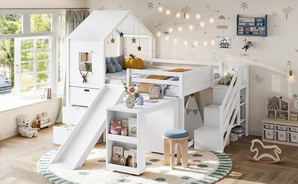 English Elm Full Playhouse Loft Bed Pine Frame with Pull Out Desk Stair Shelves and Drawers White W1580S00680