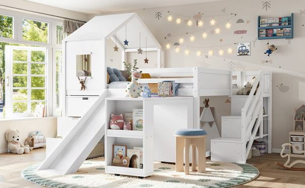 English Elm Full Playhouse Loft Bed Pine Frame with Pull Out Desk Stair Shelves and Drawers White W1580S00680