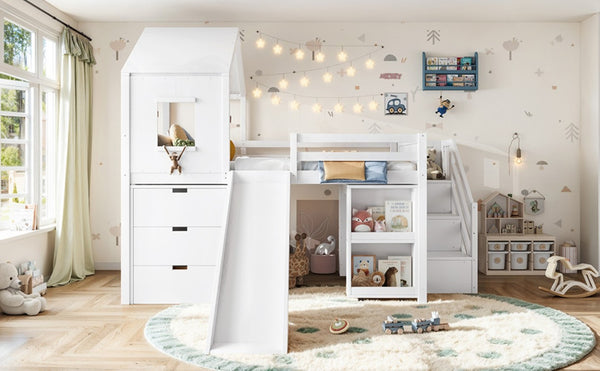 English Elm Full Playhouse Loft Bed Pine Frame with Pull Out Desk Stair Shelves and Drawers White W1580S00680