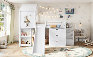 English Elm Full Playhouse Loft Bed Pine Frame with Pull Out Desk Stair Shelves and Drawers White W1580S00680