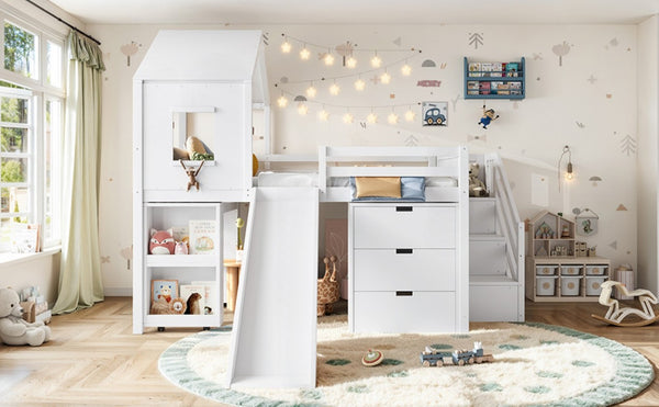 English Elm Full Playhouse Loft Bed Pine Frame with Pull Out Desk Stair Shelves and Drawers White W1580S00680