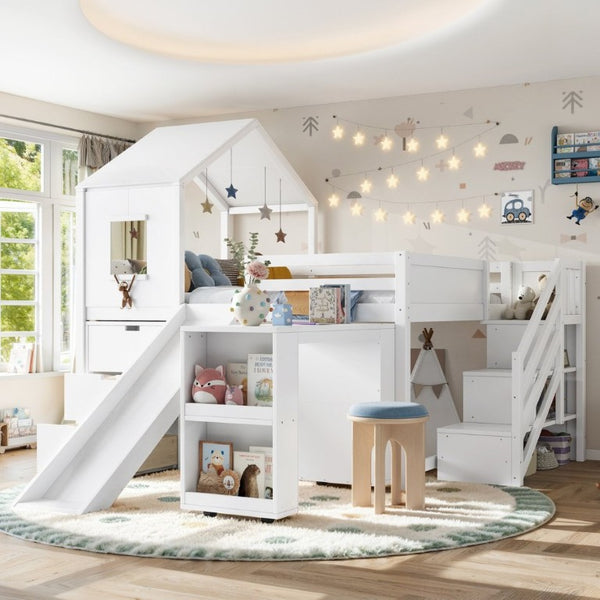English Elm Full Playhouse Loft Bed Pine Frame with Pull Out Desk Stair Shelves and Drawers White W1580S00680