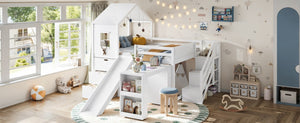 English Elm Full Playhouse Loft Bed Pine Frame with Pull Out Desk Stair Shelves and Drawers White W1580S00680