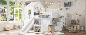 English Elm Full Playhouse Loft Bed Pine Frame with Pull Out Desk Stair Shelves and Drawers White W1580S00680