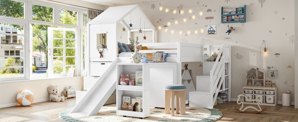 English Elm Full Playhouse Loft Bed Pine Frame with Pull Out Desk Stair Shelves and Drawers White W1580S00680