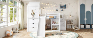 English Elm Full Playhouse Loft Bed Pine Frame with Pull Out Desk Stair Shelves and Drawers White W1580S00680