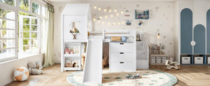 English Elm Full Playhouse Loft Bed Pine Frame with Pull Out Desk Stair Shelves and Drawers White W1580S00680