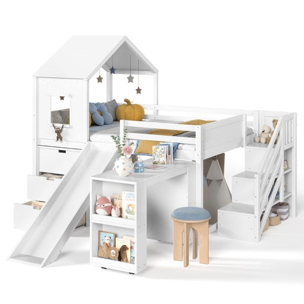 English Elm Full Playhouse Loft Bed Pine Frame with Pull Out Desk Stair Shelves and Drawers White W1580S00680