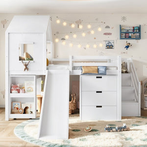 English Elm Full Playhouse Loft Bed Pine Frame with Pull Out Desk Stair Shelves and Drawers White W1580S00680