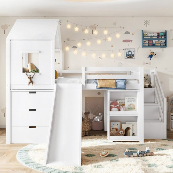 English Elm Full Playhouse Loft Bed Pine Frame with Pull Out Desk Stair Shelves and Drawers White W1580S00680