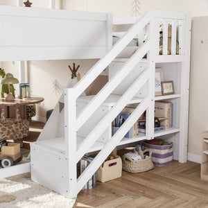 English Elm Full Playhouse Loft Bed Pine Frame with Pull Out Desk Stair Shelves and Drawers White W1580S00680
