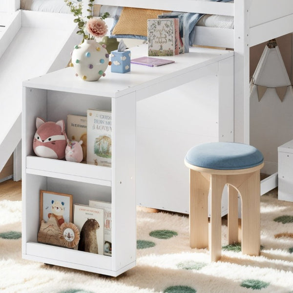 English Elm Full Playhouse Loft Bed Pine Frame with Pull Out Desk Stair Shelves and Drawers White W1580S00680