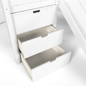 English Elm Full Playhouse Loft Bed Pine Frame with Pull Out Desk Stair Shelves and Drawers White W1580S00680
