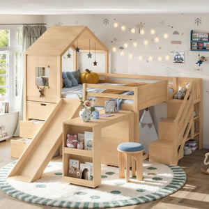 English Elm Full Playhouse Loft Bed Pine Frame with Pull Out Desk Stair Shelves and Drawers Natural W1580S00681