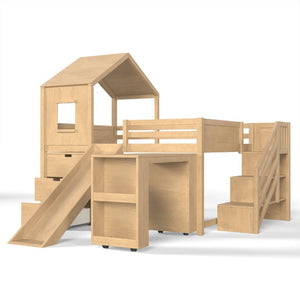 English Elm Full Playhouse Loft Bed Pine Frame with Pull Out Desk Stair Shelves and Drawers Natural W1580S00681