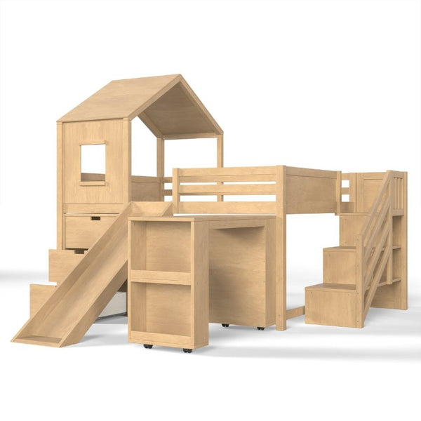 English Elm Full Playhouse Loft Bed Pine Frame with Pull Out Desk Stair Shelves and Drawers Natural W1580S00681