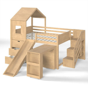 English Elm Full Playhouse Loft Bed Pine Frame with Pull Out Desk Stair Shelves and Drawers Natural W1580S00681