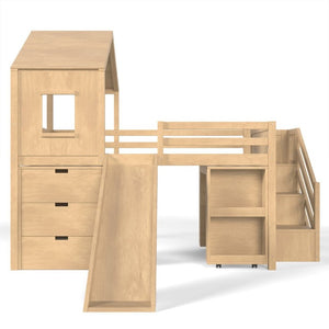 English Elm Full Playhouse Loft Bed Pine Frame with Pull Out Desk Stair Shelves and Drawers Natural W1580S00681
