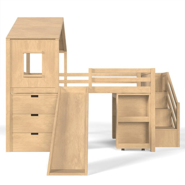 English Elm Full Playhouse Loft Bed Pine Frame with Pull Out Desk Stair Shelves and Drawers Natural W1580S00681