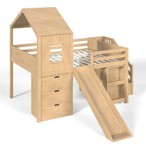 English Elm Full Playhouse Loft Bed Pine Frame with Pull Out Desk Stair Shelves and Drawers Natural W1580S00681