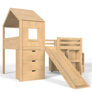 English Elm Full Playhouse Loft Bed Pine Frame with Pull Out Desk Stair Shelves and Drawers Natural W1580S00681