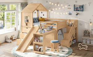 English Elm Full Playhouse Loft Bed Pine Frame with Pull Out Desk Stair Shelves and Drawers Natural W1580S00681