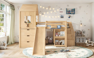 English Elm Full Playhouse Loft Bed Pine Frame with Pull Out Desk Stair Shelves and Drawers Natural W1580S00681