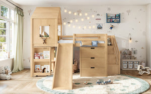 English Elm Full Playhouse Loft Bed Pine Frame with Pull Out Desk Stair Shelves and Drawers Natural W1580S00681