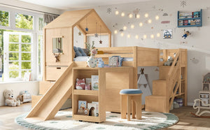 English Elm Full Playhouse Loft Bed Pine Frame with Pull Out Desk Stair Shelves and Drawers Natural W1580S00681
