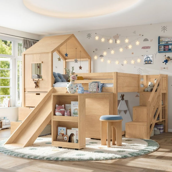 English Elm Full Playhouse Loft Bed Pine Frame with Pull Out Desk Stair Shelves and Drawers Natural W1580S00681