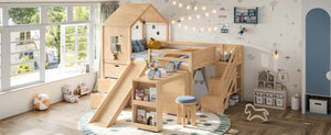 English Elm Full Playhouse Loft Bed Pine Frame with Pull Out Desk Stair Shelves and Drawers Natural W1580S00681