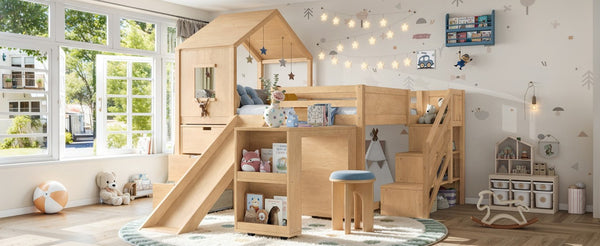 English Elm Full Playhouse Loft Bed Pine Frame with Pull Out Desk Stair Shelves and Drawers Natural W1580S00681