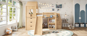English Elm Full Playhouse Loft Bed Pine Frame with Pull Out Desk Stair Shelves and Drawers Natural W1580S00681